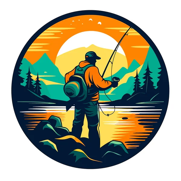 Рибалка Ловить Рибу Заході Сонця Рибальське Хобі Мультфільм Векторна Ілюстрація — стоковий вектор