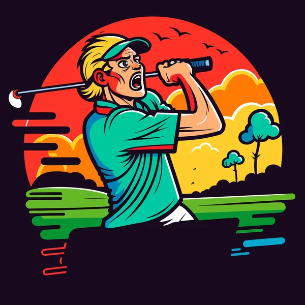 ゴルフクラブとゴルファーはショットを撮る スポーツ用品のシンボル 漫画のベクトルイラスト孤立した背景ラベルステッカー — ストックベクタ
