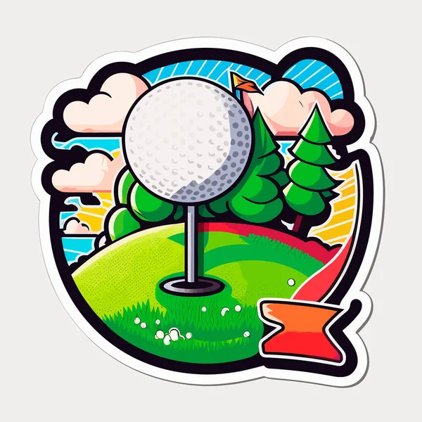 緑の芝生のフィールドでゴルフボールを閉じます スポーツ分野 漫画のベクトルイラスト白の背景ラベルステッカー — ストックベクタ