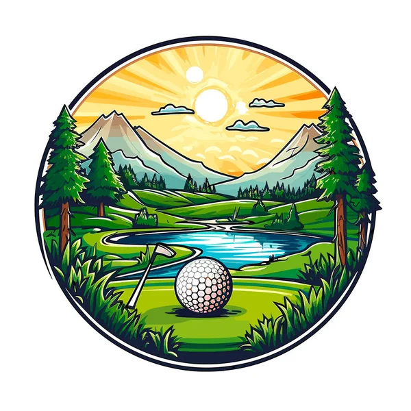 ゴルフクラブと草の中のボール スポーツ用品のシンボル 漫画のベクトルイラストラベルステッカー — ストックベクタ