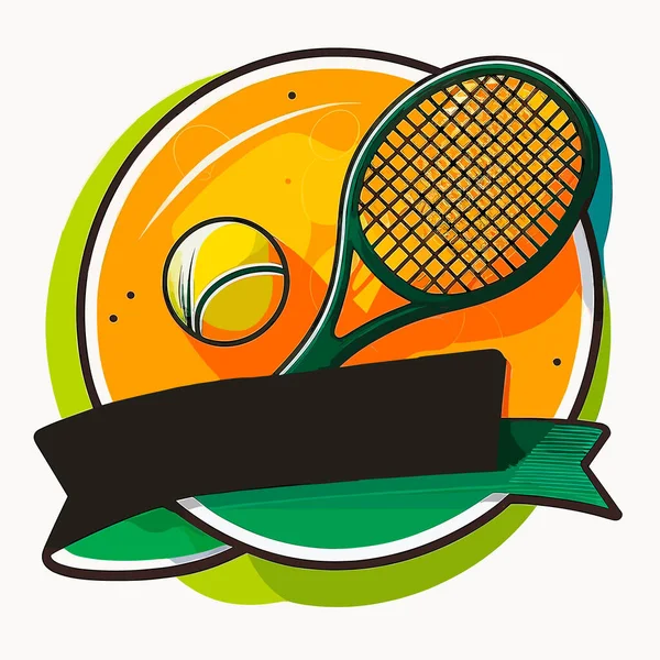 テニスボール付きのバット テニスクラブ テニス大会 漫画のベクトルイラスト ラベル ステッカー Tシャツ印刷 — ストックベクタ