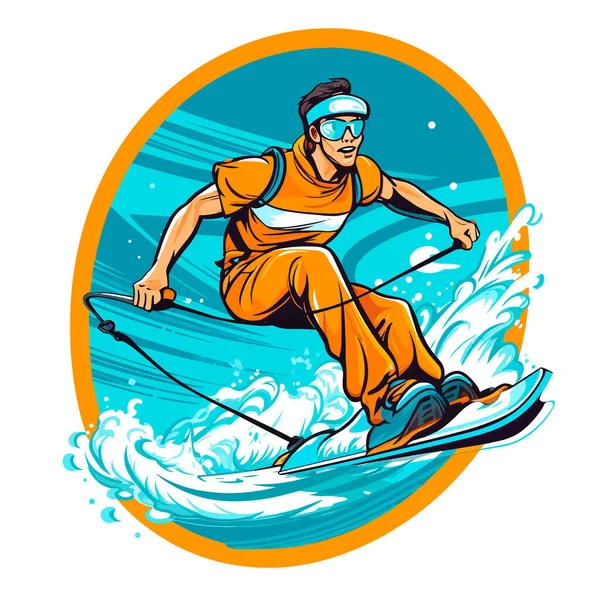Wasserski Fahren Bewegung Extreme Wassersportaktivitäten Sommerurlaub Cartoon Vektor Illustration Etikett — Stockvektor