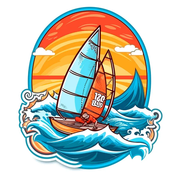 嵐の空と日没時のスポーツセーリングボート 漫画のベクターイラスト ラベル ステッカー — ストックベクタ