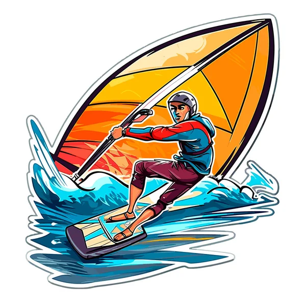Junger Mann Surft Wind Wasserspritzern Extreme Wassersportaktivität Sommerurlaub Cartoon Vektor — Stockvektor