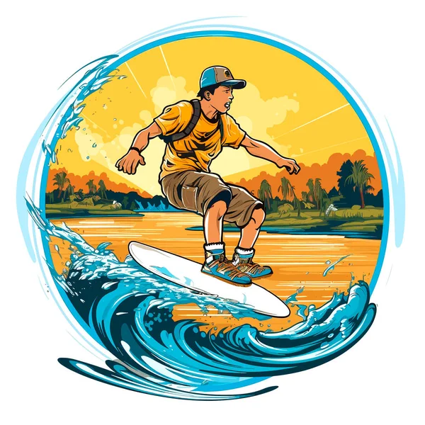 Cartoon Menschen Wasserski Blauen Wellen Des Tropischen Meeres Extreme Wassersportaktivitäten — Stockvektor