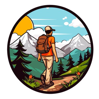 Gün batımında uçurumun tepesinde duran bir adam. Yüksek dağ yürüyüşleri ve kırsal bölgelere seyahatler. karikatür vektör illüstrasyonu, izole arkaplan, etiket, etiket