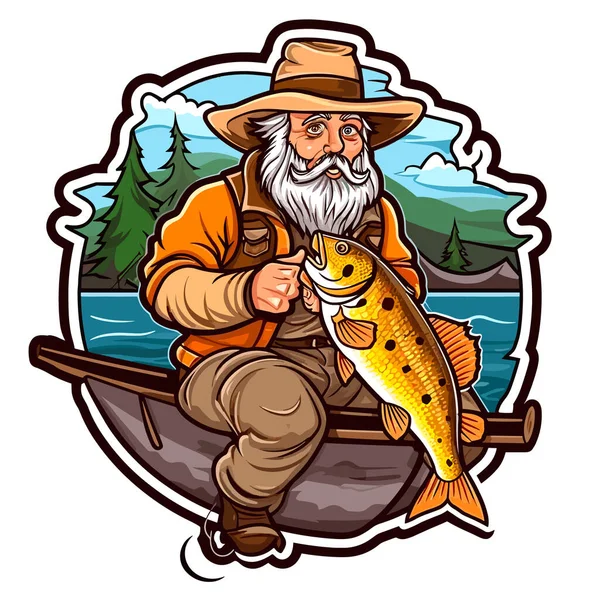 Pescador Com Peixe Apanhado Conceito Férias Hobby Pesca Desenho Animado — Vetor de Stock