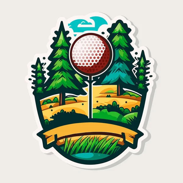 背景にゴルフコースとゴルフボールのシンボル スポーツ分野 漫画のベクトルイラスト白の背景ラベルステッカー — ストックベクタ