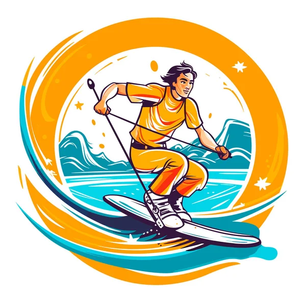 Водные Лыжи Графический Водным Лыжником Человек Гребнем Воды Позади Экстремальные — стоковый вектор