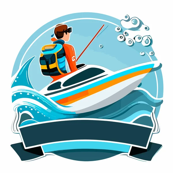 Wasserski Gemeinde Aufkleber Und Ein Motorboot Extreme Wassersportaktivität Sommerurlaub Zeichentrickvektorillustration — Stockvektor