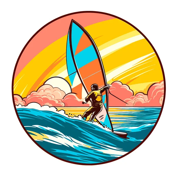 Joven Surfeando Viento Salpicaduras Agua Actividad Deportiva Acuática Extrema Vacaciones — Vector de stock