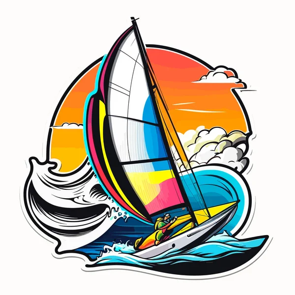 荒海でのスポーツレガッタ 小型帆船 夏休み中の極端なウォータースポーツ活動 漫画のベクターイラスト ラベル ステッカー — ストックベクタ