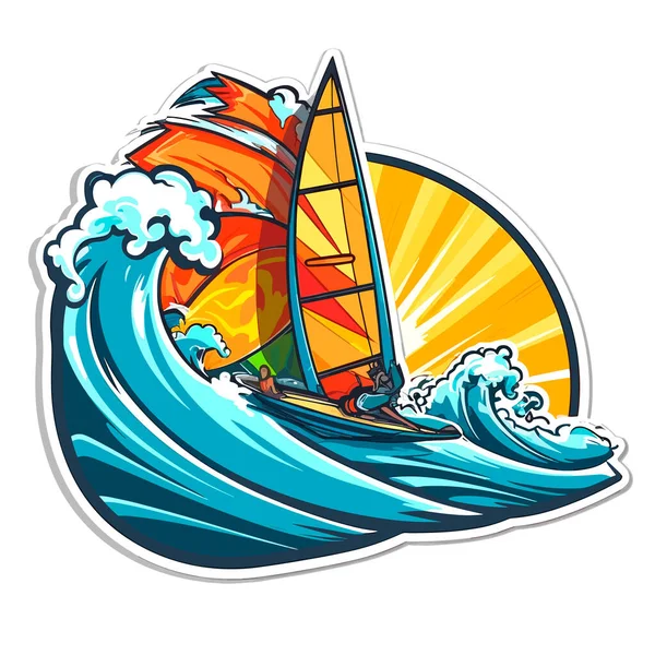 Dibujo Windsurf Mar Agitado Con Puesta Sol Fondo Actividad Deportiva — Vector de stock