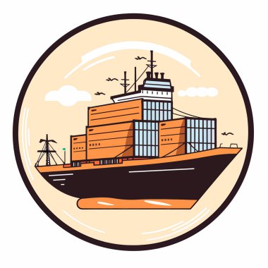 Ticari kargo gemileri. Deniz taşımacılığı aracı. Nakliye gemisi. Vektör illüstrasyonu, beyaz arkaplan, etiket, etiket