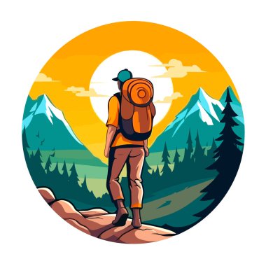 Yüksek dağ yürüyüşleri ve kırsal bölgelere seyahatler. Vektör illüstrasyonu, izole edilmiş arkaplan, etiket, etiket