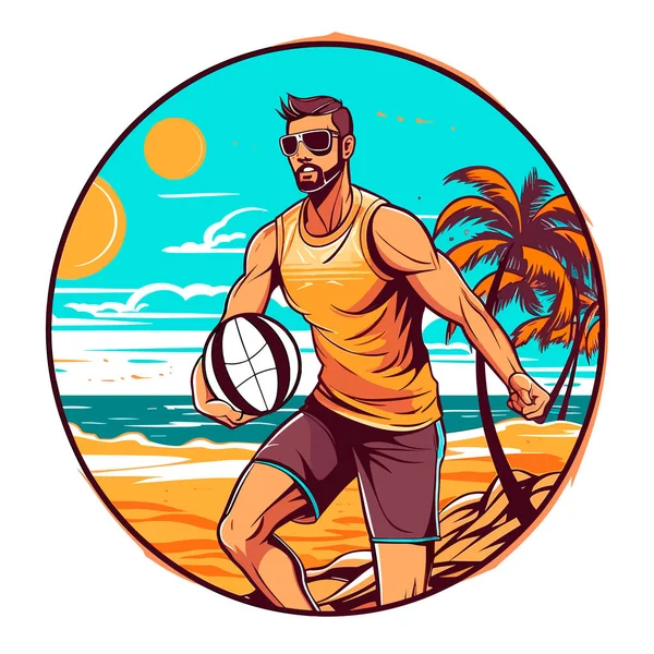 Rapaz Jogar Voleibol Praia Disciplinas Desportivas Desenho Animado Ilustração Vetorial — Vetor de Stock