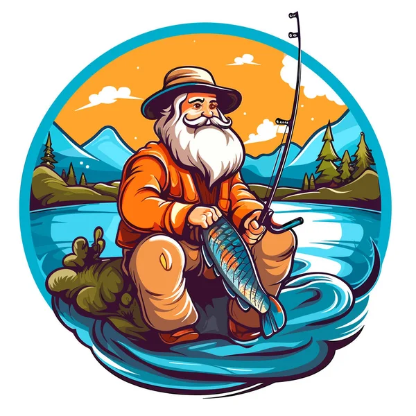 Рибалка Ловить Рибу Світанку Концепція Риболовного Хобі Відпустки Мультфільм Векторна — стоковий вектор