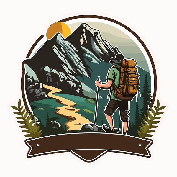 Escursioni Alta Montagna Escursioni Campagna Illustrazione Vettoriale Sfondo Isolato Etichetta — Vettoriale Stock