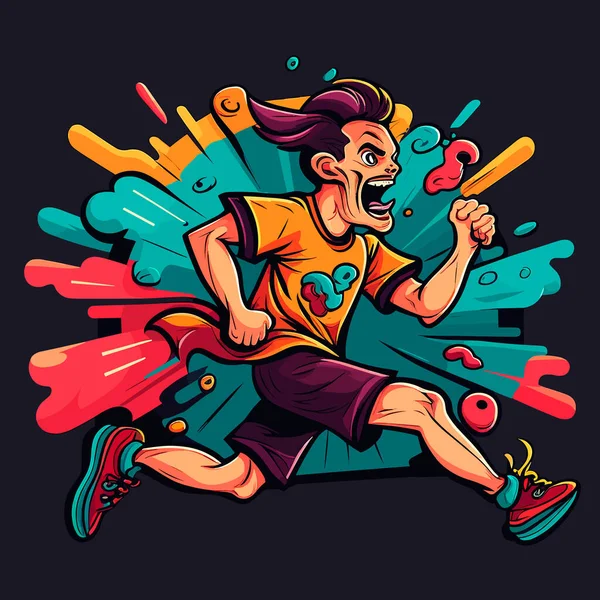 Laufender Mann Auf Abstraktem Hintergrund Cartoon Vektor Illustration Etikett Aufkleber — Stockvektor