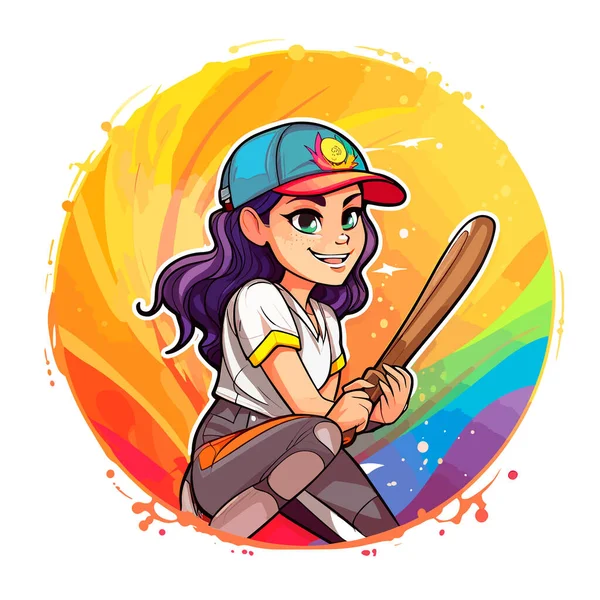 Mädchen Aktion Bei Einem Softballspiel Cartoon Vektor Illustration Etikett Aufkleber — Stockvektor