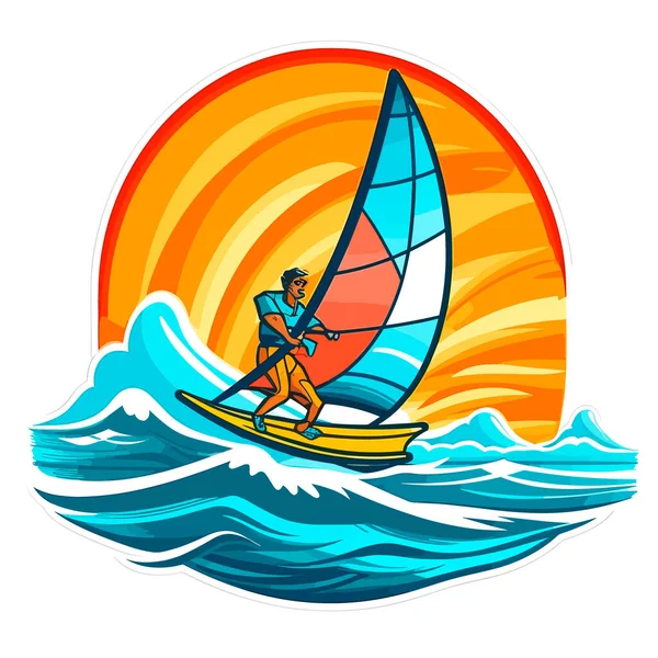 背景の夕日と荒波にウィンドサーフィンの図面 夏休みに極端なウォータースポーツ活動 漫画のベクトルイラストラベルステッカー — ストックベクタ