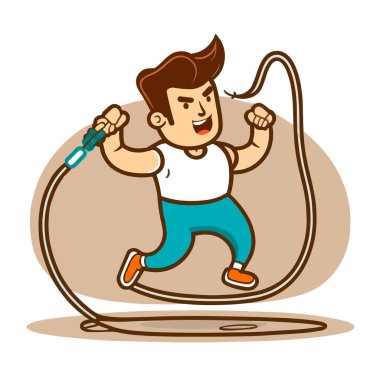 Çocuk ip atlamakla pratik yapıyor. Spor salonu koçu. karikatür vektör illüstrasyonu, izole arkaplan, etiket, etiket 