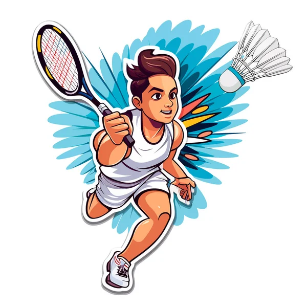 Jovem Jogar Badminton Badminton Desporto Activo Desenho Animado Ilustração Vetorial — Vetor de Stock