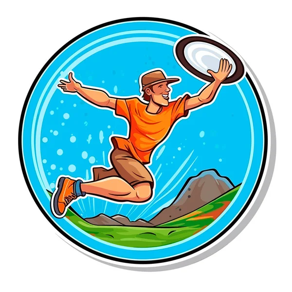 Muž Hodí Talíř Frisbee Sportovní Hry Venkovní Sportovní Aktivity Kreslené — Stockový vektor