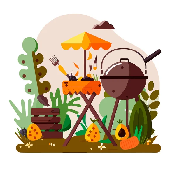 Campeggio Fare Barbecue Nella Natura Cucina Barbecue Estiva Illustrazione Vettoriale — Vettoriale Stock
