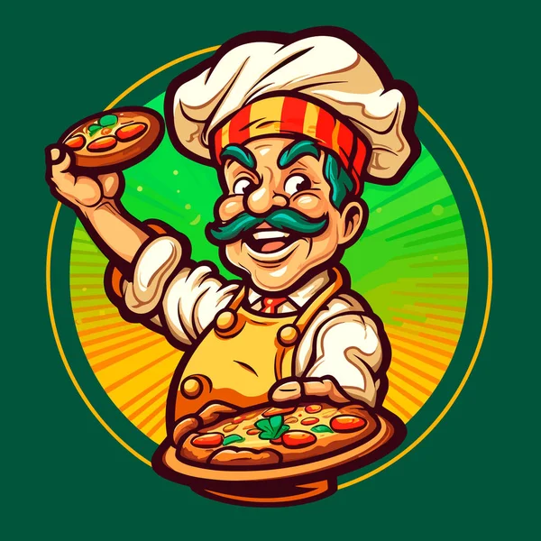 Happy Chef Holding Pizza Italian Traditional Pizzeria Cartoon Vector Illustration — Stock Vector