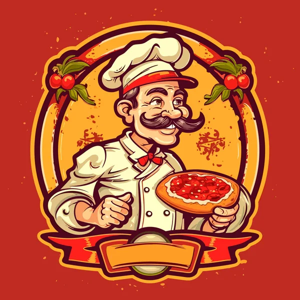 Chef Baking Pizza Italian Cuisine Italian Traditional Dishes Cartoon Vector — Stock Vector