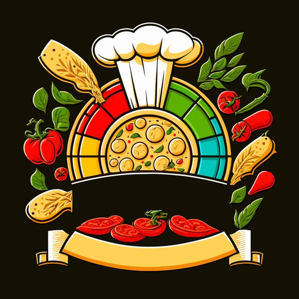 Vegetabilisk Pizza Med Tomater Och Kockmössa Bakgrunden Italienskt Kök Italienska — Stock vektor