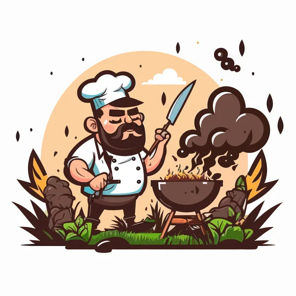 Chef Cocinando Carne Parrilla Barbacoa Asar Parrilla Verano Ilustración Vectorial — Vector de stock