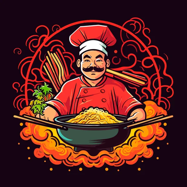 Chinesischer Koch Kocht Nudelsuppe Traditionelle Ostasiatische Küche Zeichentrickvektorillustration Isolierter Hintergrund — Stockvektor
