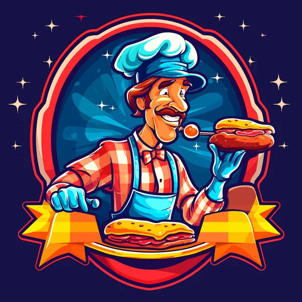Chef Mit Hot Dog Klassisches Amerikanisches Streetfood Zeichentrickvektorillustration Isolierter Hintergrund — Stockvektor