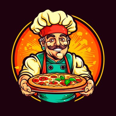 Şef pizzacıda pizza pişiriyor. İtalyan mutfağı. Çizgi film vektör çizimi. izole edilmiş arkaplan, etiket, etiket