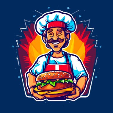 Şef elinde hazırlanmış bir hamburger tutuyor. Yemek ve Fast food konsepti. Çizgi film vektör çizimi. izole edilmiş arkaplan, etiket, etiket