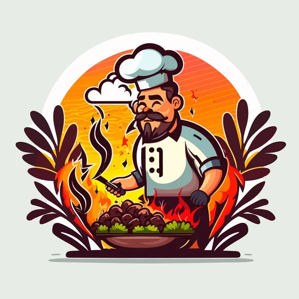 Hora Asar Barbacoa Verano Hombre Cocinando Carne Parrilla Barbacoa Ilustración — Vector de stock