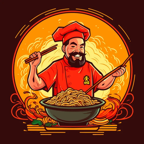 Παραδοσιακά Ασιατικά Πιάτα Σεφ Μαγειρεύει Σούπα Νουντλς Εικονογράφηση Φορέα Κινουμένων — Διανυσματικό Αρχείο