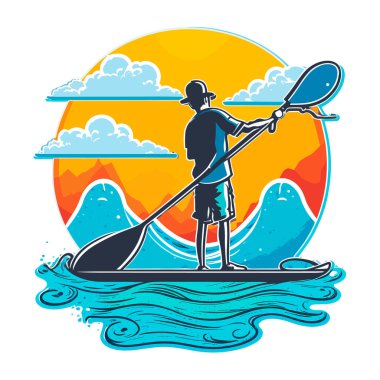 Günbatımında sakin denizde kürek çeken bir adam ayağa kalkar. Çizgi film vektör çizimi. beyaz arkaplan, etiket, etiket 