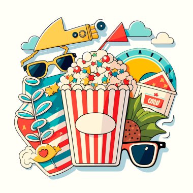 Yaz sineması. Fast food ve patlamış mısır. Film dekorasyonu. Bahçe partisi. Çizgi film çizimi. beyaz arkaplan, etiket, etiket