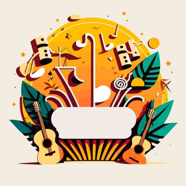 Yaz müziği ve dans festivali. Arka planda müzik aletleri gitarları var. Çizgi film vektör çizimi. Davet, etiye, etiket