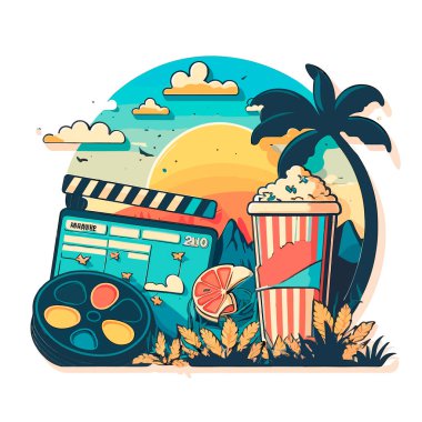 Yaz filmi gösterimi. Film dekorasyonu. Fast food ve patlamış mısır. Çizgi film vektör çizimi. beyaz arkaplan, etiket, etiket