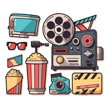 Film dekorasyonu, alkış tahtası, selüloit film, patlamış mısır. Yazlık sinema. Çizgi film vektör çizimi. etiket, etiket 