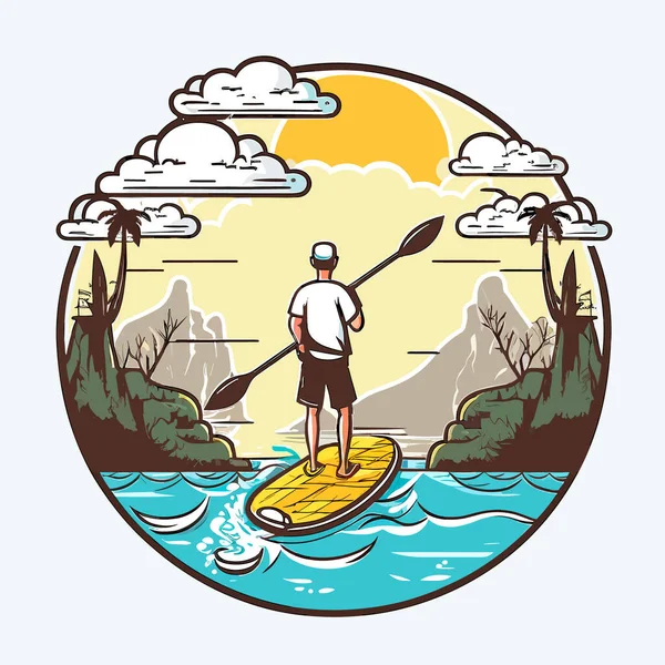 Mann Paddelt Auf Stand Paddleboard Freizeitaktivität Den Sommerferien Cartoon Illustration — Stockvektor