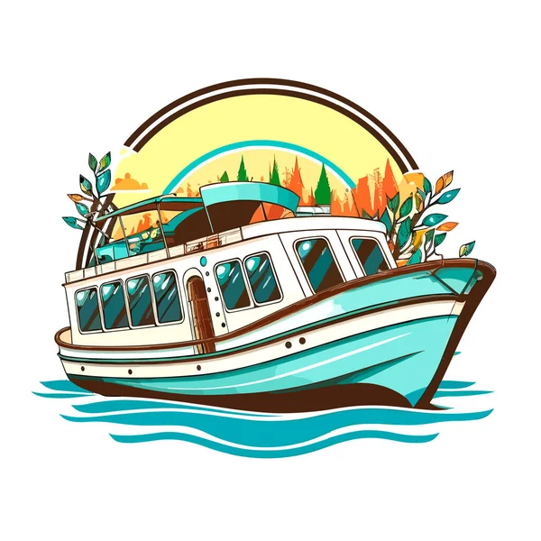 Typical Touring Boat Leisure Holidays Water Cartoon Vector Illustration Label — Stock Vector