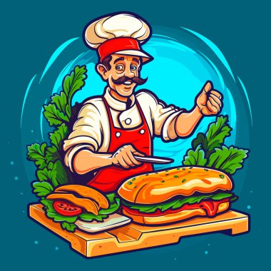 Şef kahvaltı menüsünü hazırlıyor. Sedwich veya taze sebzeli baget. Çizgi film vektör çizimi. etiket, etiket