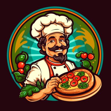 Gülümseyen Şef çizgi film karakteri. Pizzacı sembolü ya da etiketi, İtalyan mutfağı. Çizgi film vektör çizimi. izole edilmiş arkaplan, etiket, etiket