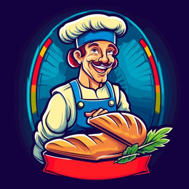 Bir fırında bir fırıncı satılık taze pişmiş ürünler sunar. Çizgi film vektör çizimi. etiket, etiket