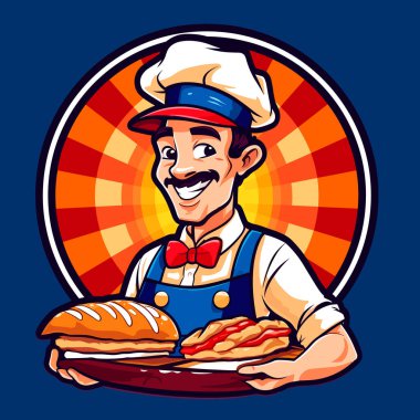 Bir fırıncı dükkana taze hamur işleri götürür. Çizgi film vektör çizimi. etiket, etiket